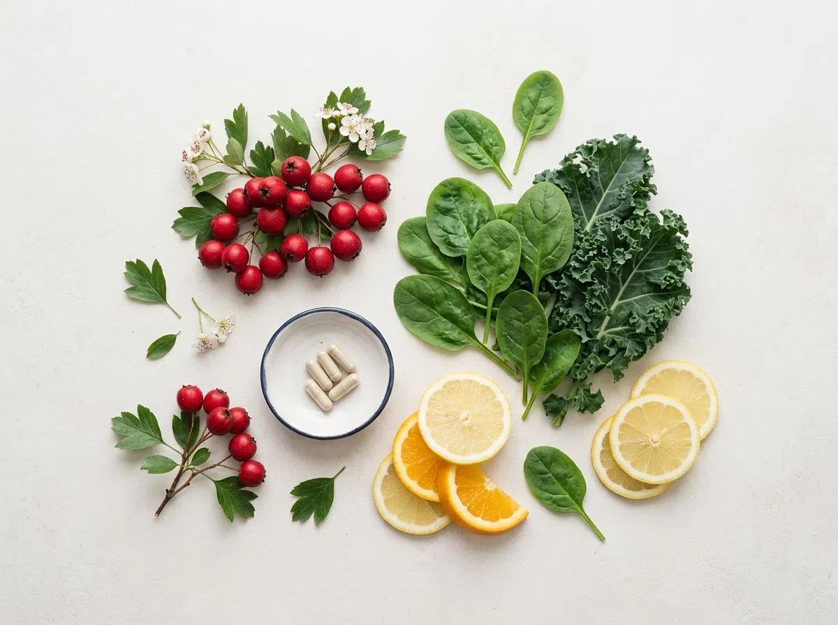 Whole natural ingredients: hawthorn berries, leafy greens and citrus for vitamin C