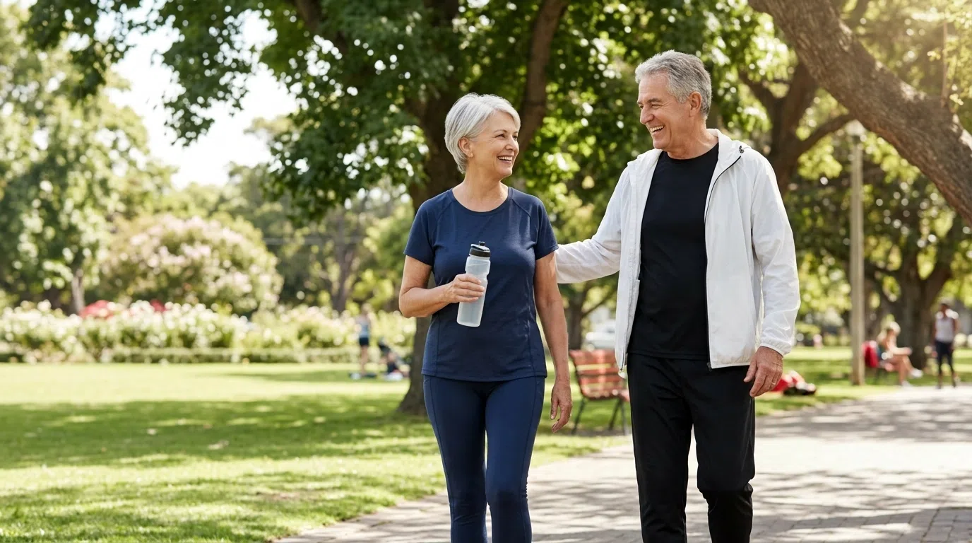 Active senior couple walking together outdoors, supporting an everyday active lifestyle after 50